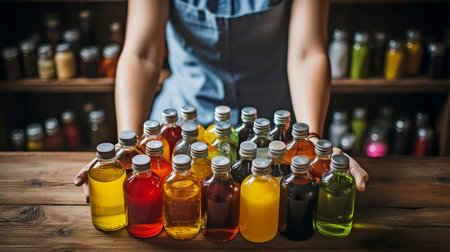 Top view of a woman with a cart full with cleaning goods on a wooden floor.の素材