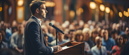 At the conference, a businessman is speaking from the podium.の素材