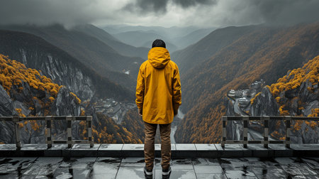 Standing atop a metal structure and gazing into a chasm is a man wearing a yellow raincoat.の素材