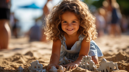 Cute young child in the playground playing in the sand.の素材