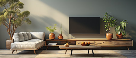 With a sofa, coffee table, and wooden TV cabinet, the living roomの素材