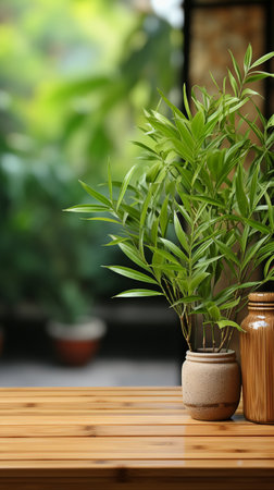 Wooden table with a background of bamboo plants.の素材