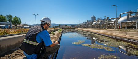 Water supply engineers operate at water recycling plants for reuse, and environmental engineers work at wastewater treatment plants.の素材