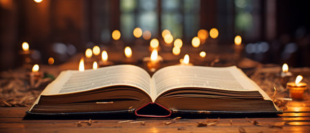 book with ancient pages open in the library.の素材