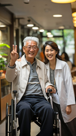In a hospital, a happy curator person pushes and walks elderly patients, giving them freedom and raising their arms. An elderly Asian retiree sits in a wheelchair and plays with a young nurse.の素材