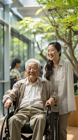 In a hospital, a happy curator person pushes and walks elderly patients, giving them freedom and raising their arms. An elderly Asian retiree sits in a wheelchair and plays with a young nurse.の素材