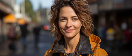 Featuring a proud middle-aged woman wearing a work vest and construction hard hat, she is seen working on a construction site.の素材