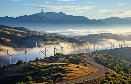 wind turbines on a hazy ridgeの素材