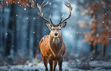 Beautiful reindeer against a backdrop of a wintry landscape. Concept for holiday Christmas and New Year's greeting cardsの素材