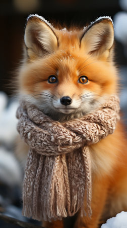 Adorable fox wearing a Christmas scarf against a backdrop of a wintry landscape. Idea for holiday greeting cardsの素材