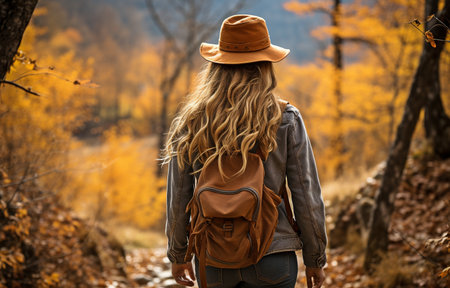 A woman strolling through a picturesque fall woodlandの素材