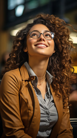 Young woman of colour daydreaming at a libraryの素材