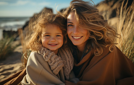 calming her daughter while on the beachの素材