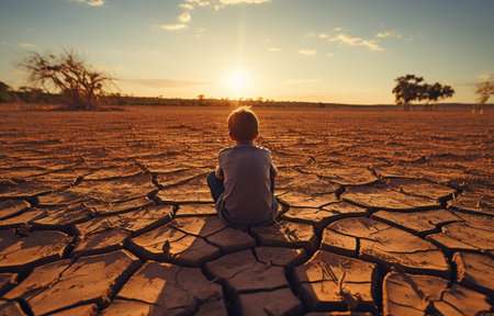 The youngster was sitting on dry land because there wasn't enough water because of global warming. The idea of climate change and global warmingの素材