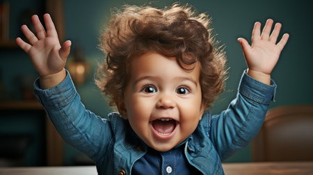 Emotional, joyful, ecstatic, cheering infant or toddler - rejoicing, raising armsの素材