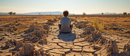 The youngster was sitting on dry land because there wasn't enough water because of global warming. The idea of climate change and global warmingの素材