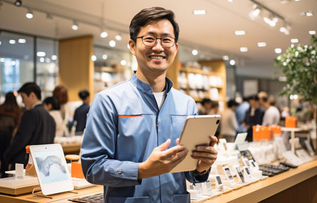 In a mobile store The consumer selects a new model while using an on-screen digital tablet while in a mobile and tablet store.の素材