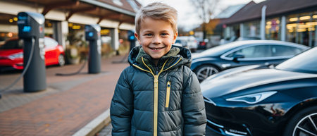 A boy points an EV charger at the camera while on a road trip in an environmentally friendly EV automobile. Using sustainable and clean energy for electric vehicles and charging stationsの素材