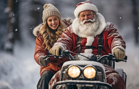 An image shows Santa Claus giving a thumbs up while operating a red automobile during the holiday seasonの素材