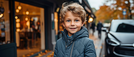 A boy points an EV charger at the camera while on a road trip in an environmentally friendly EV automobile. Using sustainable and clean energy for electric vehicles and charging stationsの素材