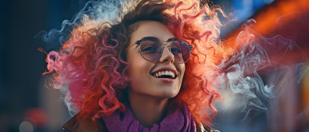 Raincoat-wearing hipster woman blowing smoke out of her mouthの素材