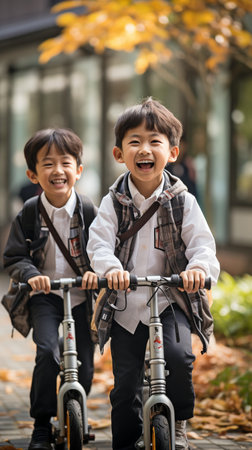 Students riding electric scooters in a happy groupの素材