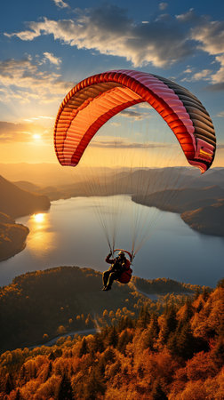 A person paragliding in the skies at dusk - an adventure, travel, and freedom-themed sports conceptの素材