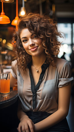Happy young woman seated at a bar counter, holding a cocktail in her portraitの素材