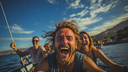 Joyful companions leaping off a sailing vessel into the oceanの素材