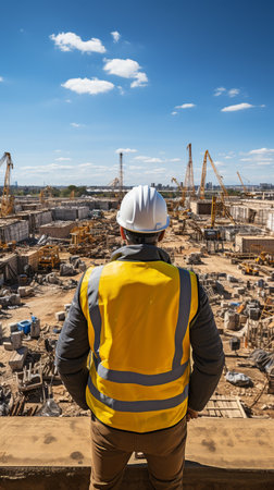 Builder inspector's rear view at a construction siteの素材
