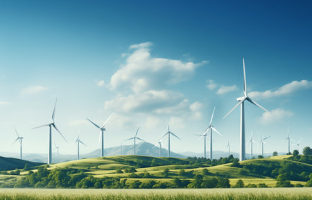 Contemporary wind turbines with an eco-friendly, renewable energy concept visualの素材