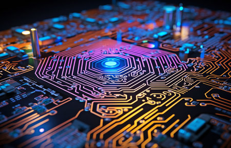 A sparkly blue digital fingerprint illuminated on a glitzy PC circuit board.の素材