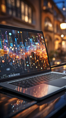 using a laptop to access analytics and business graph data. Trend analysis and the idea of the coding process for software development. Concept banner, code, and programming.の素材