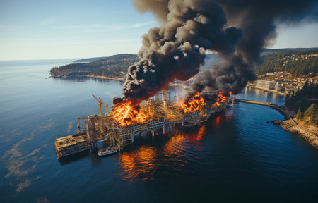 An open ocean oil rig or offshore platform that produces natural gas for energy.の素材