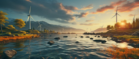 The power of wind is harnessed by offshore wind turbine farms to generate electricity.の素材