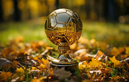 On the grass of a football stadium, a golden metal trophy cupの素材