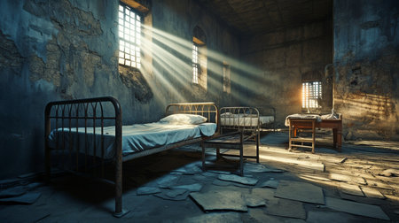 The bed in the empty prison cell is illuminated by sunlight coming through the window.の素材