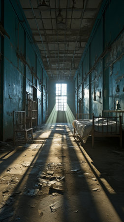 The bed in the empty prison cell is illuminated by sunlight coming through the window.の素材