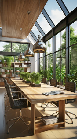 Inside, a wooden office space features a meeting table, chairs, and a panoramic view.の素材