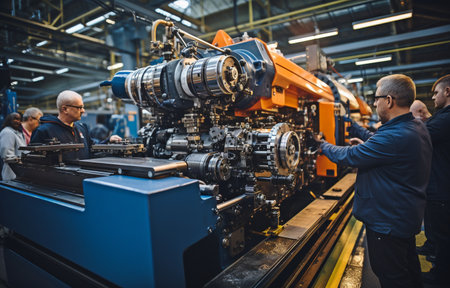 Labourers using a lathe machine on the factory floorの素材