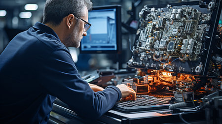 Employee using a computerised machine tool on a screenの素材