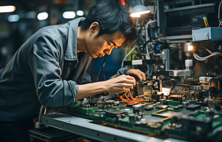 Wearing a white lab coat, the female electrical engineer is performing an optical check on PCB boards while working on an electronic manufacturing line.の素材