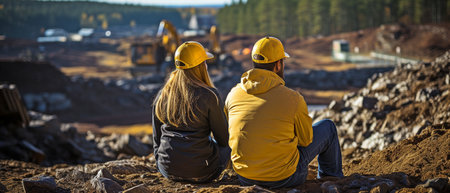 Man and woman using an excavation machine in a quarryの素材