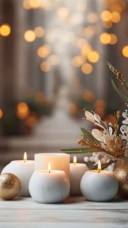 Christmas house dÃ©cor in a blurry style including a wooden table and an empty area for gifts, products, and advertisements on a montage backgroundの素材