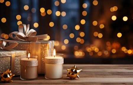 Christmas house dÃ©cor in a blurry style including a wooden table and an empty area for gifts, products, and advertisements on a montage backgroundの素材