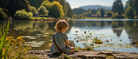 Adolescent sitting in swimsuit near pond's edge wearing casual attireの素材