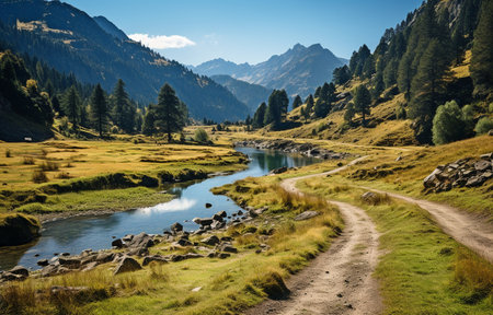 A quiet lake and a rural road between mountainsの素材
