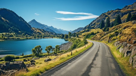 A quiet lake and a rural road between mountainsの素材