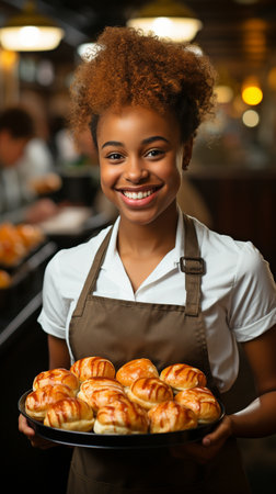 A contented African waitress at a restaurant holds burgers.の素材