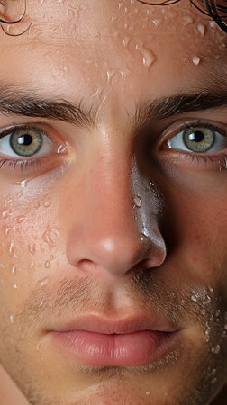expanded pores on an adult male face with greasy skin, close-up macro, highly detailed cosmetic medical image, enormous, wide pore with comedonesの素材